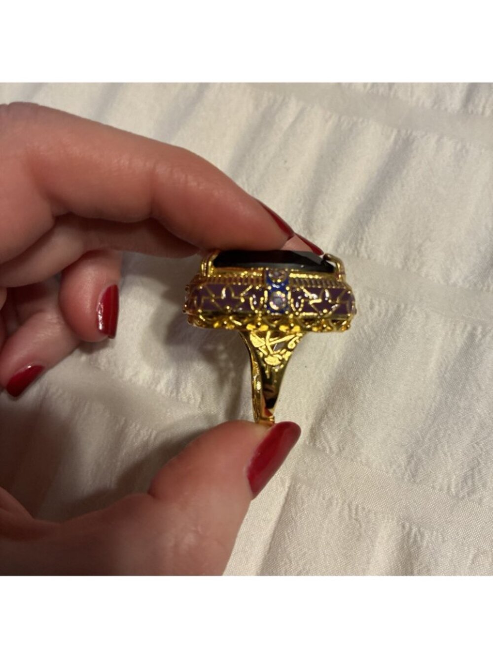 Chunky Large Purple Crystal Gold Metal Ring Adjustable Fashion Royal Jewelry - Picture 7 of 9